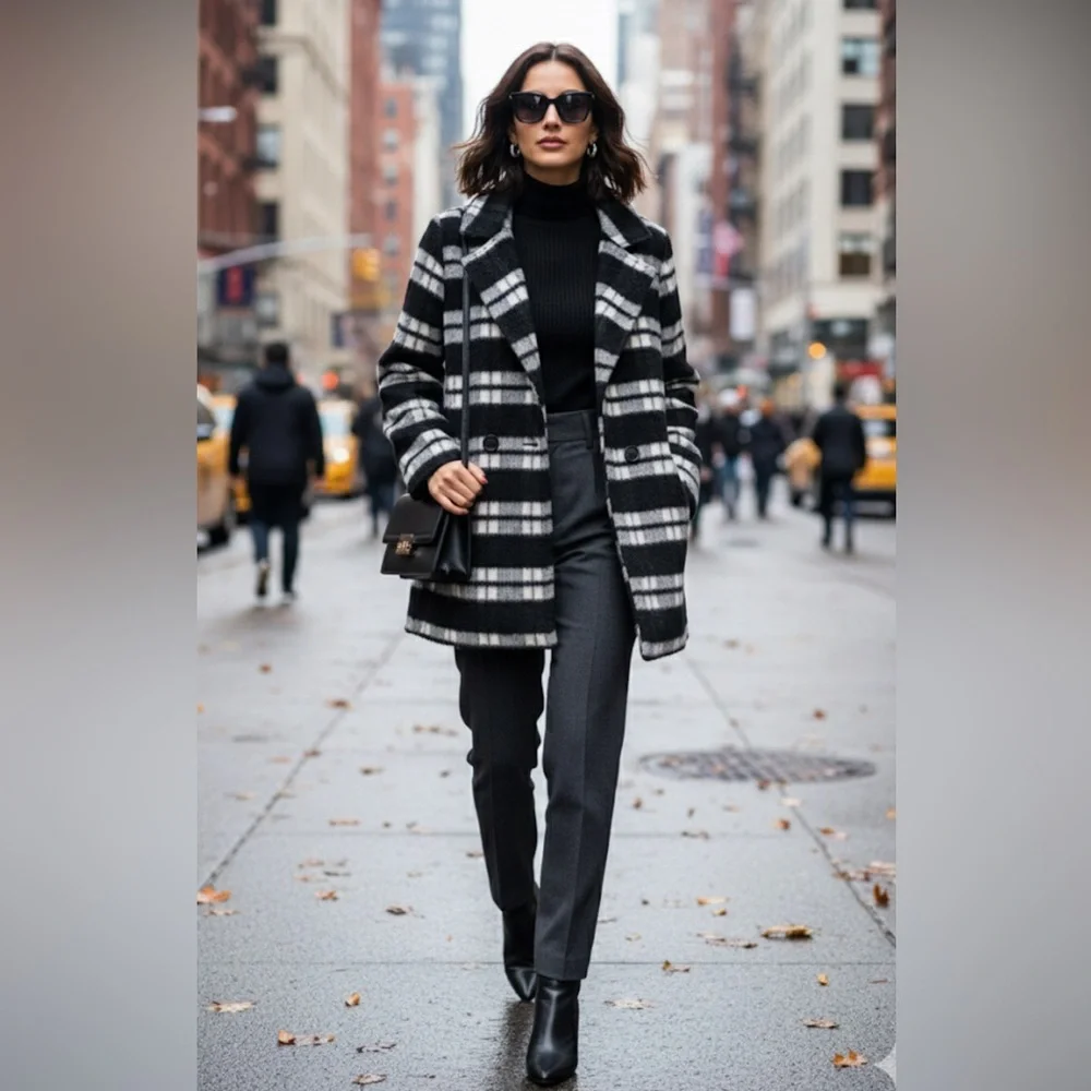 🖤YMI Plaid Double-Breasted Pea Coat🤍 - Picture 1 of 7